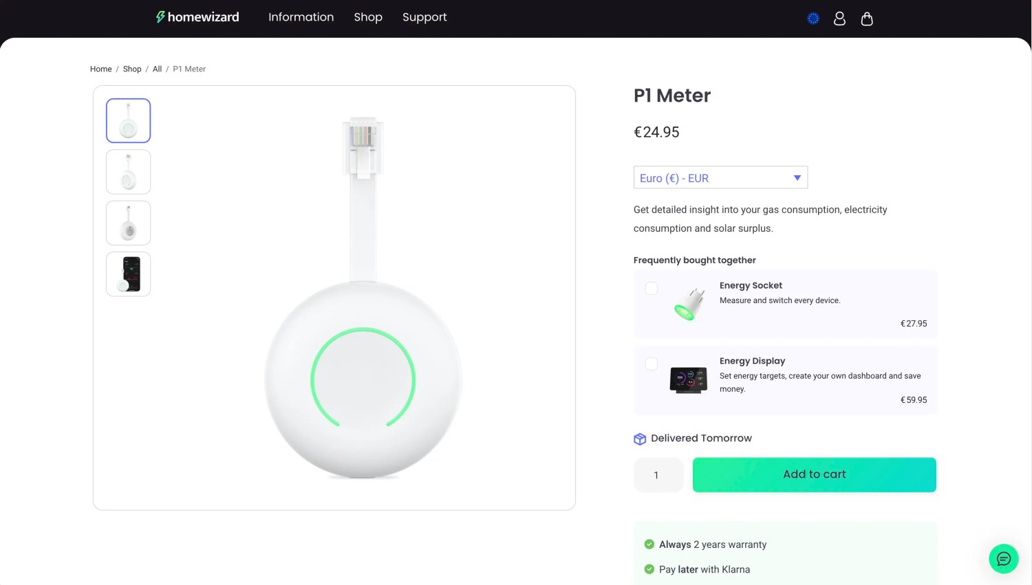 A screenshot of the HomeWizard website's P1 Meter product page