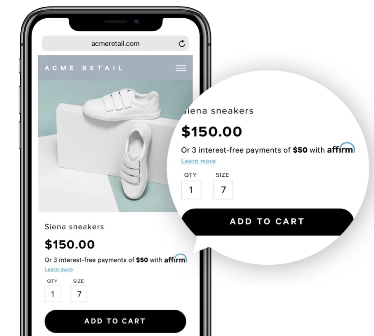 example of Affirm on a checkout page for a business called Acme Retail