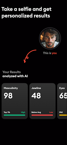 App showing a photo of a man and scores for'Masculinity','Jawline', and'Eyes'.
