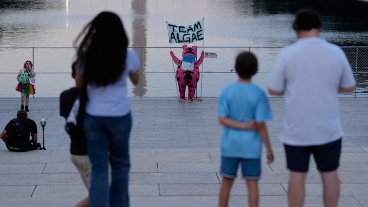 A protest takes place at the Lincoln Memorial Reflecting Pool