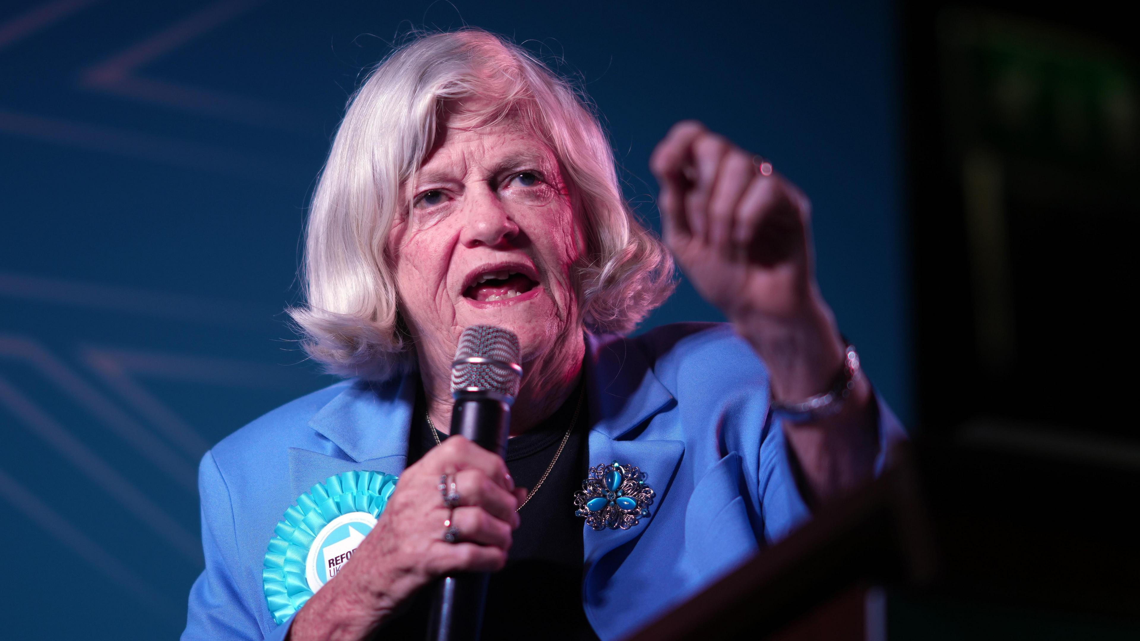 Ann Widdecombe, Reform UK's Immigration and Justice spokesperson, addresses delegates during the The Reform Uk Party's summer rally at Staffordshire Showground.
