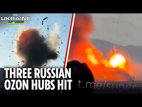Moment Ukrainian attack drone strikes THIRD Russian Ozon logistics hub
