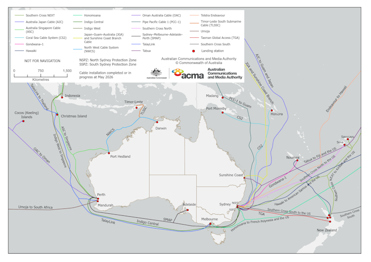 A map of Australia with many multicoloured lines linking it to nearby countries.